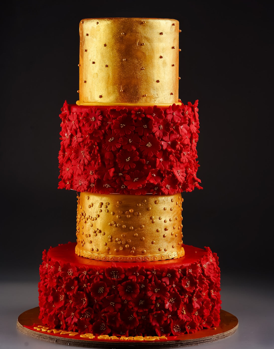 4 Tier Red Gold Wedding Cake - Creme Castle