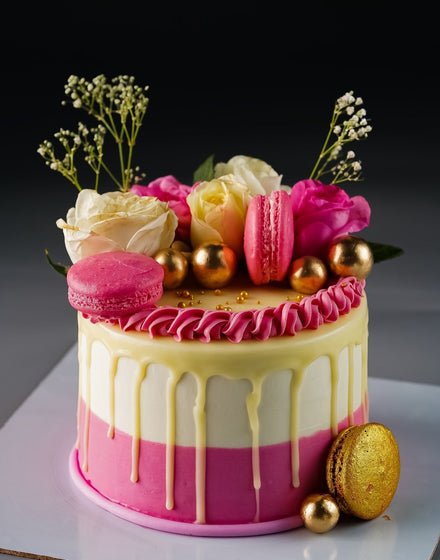Real Rose Macaron Drip Cake