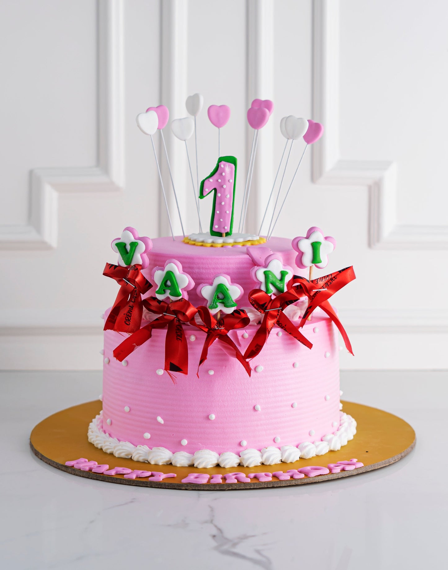 2 Tier Floral Heart Cake for 1st Birthday - Creme Castle