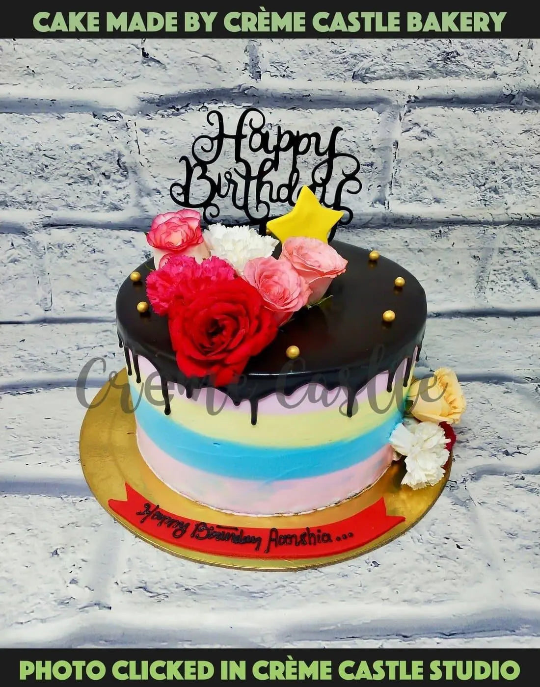 Rainbow Real Flowers Cake - Creme Castle
