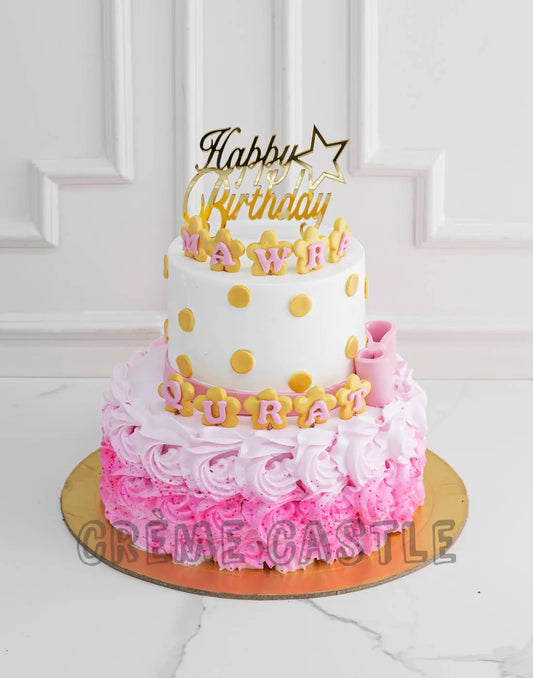 Pink Gold Double Tier Cake - Creme Castle