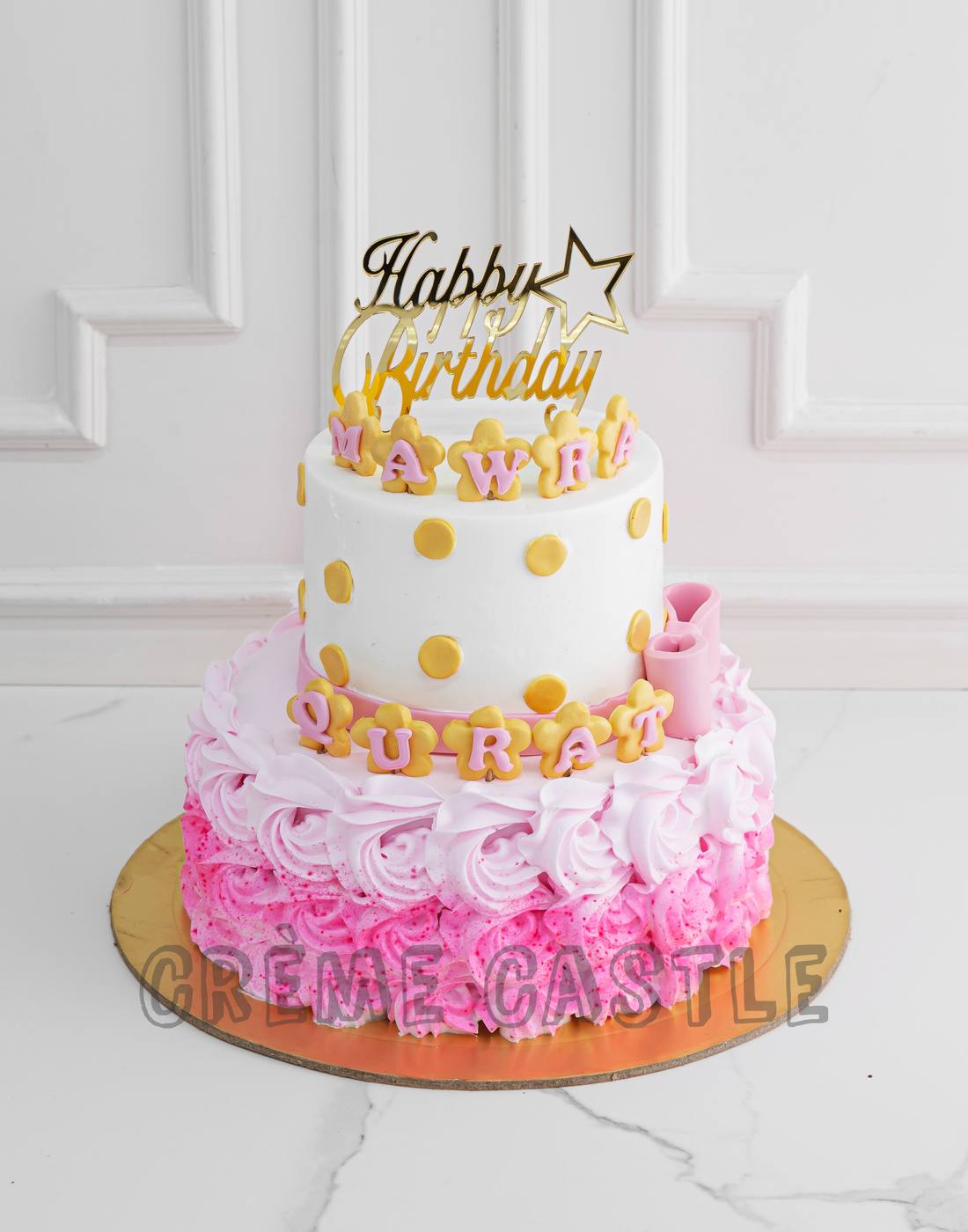 Pink Gold Double Tier Cake - Creme Castle
