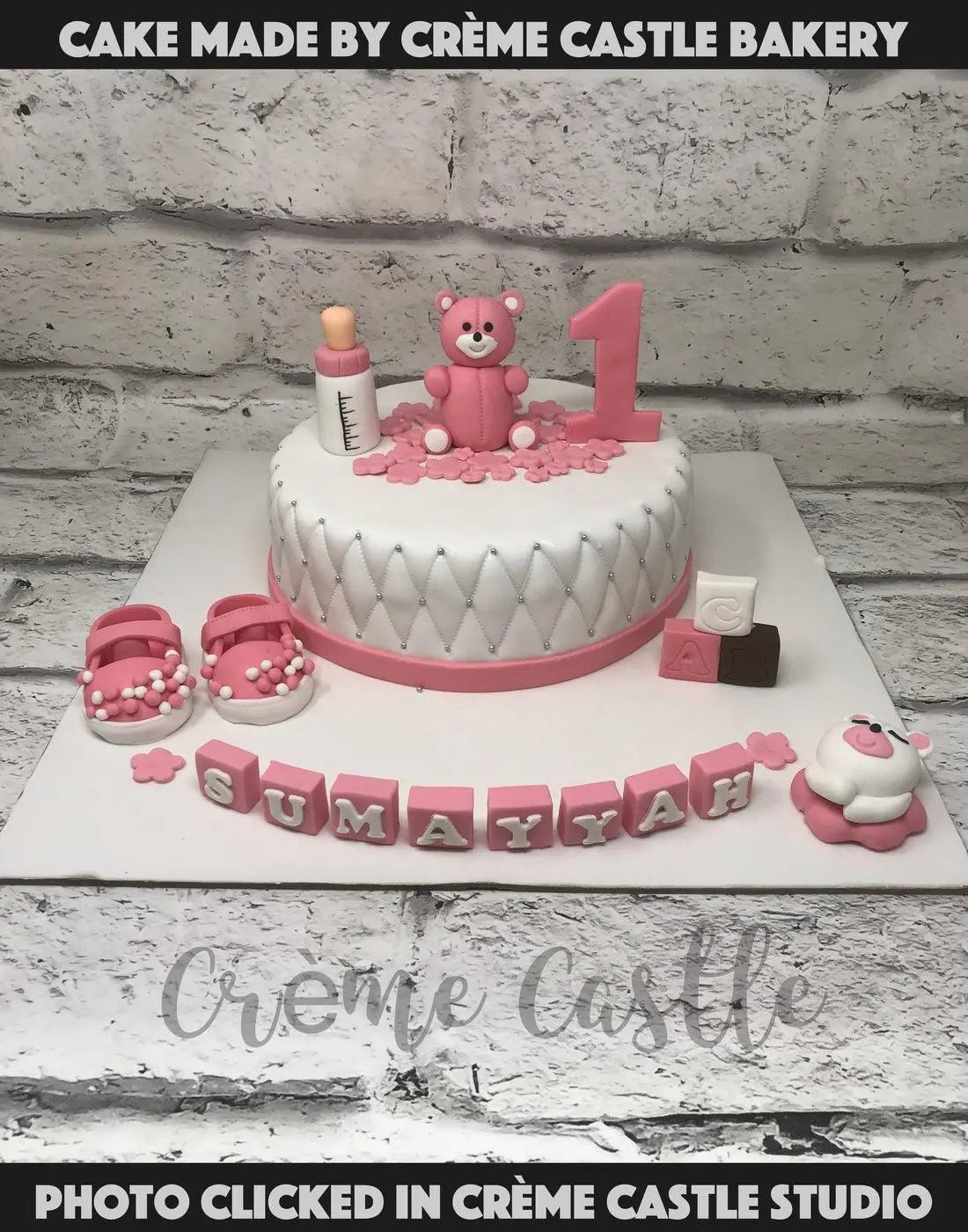 Pink Teddy and flowers Cake - Creme Castle