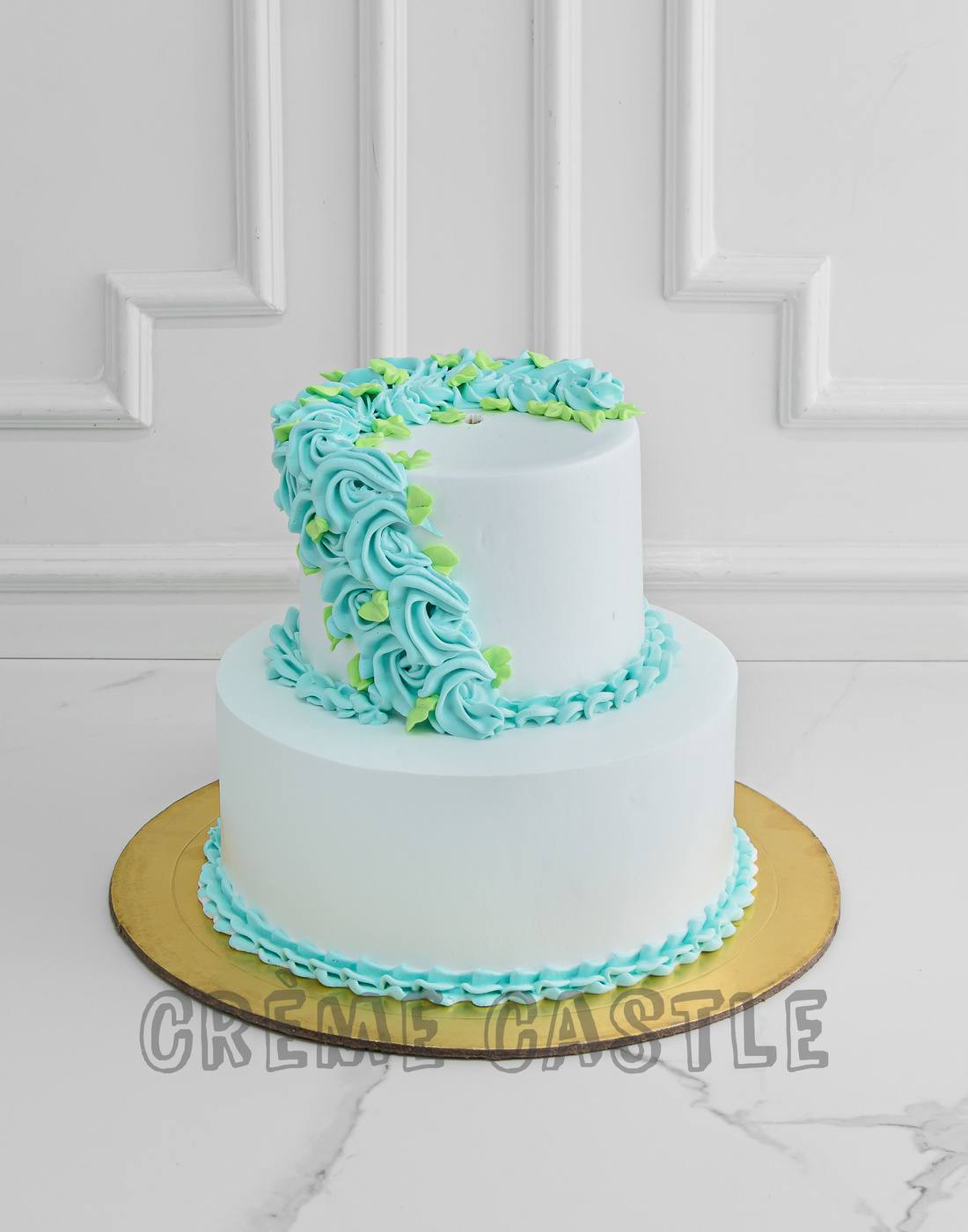 Blue Floral Wedding Cake - Creme Castle
