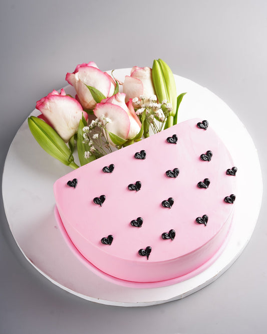 Blush Rose Cake Bouquet - Pink half cake with black hearts and fresh roses