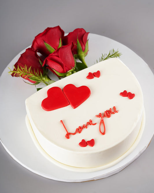 Love You Rose Cake Bouquet - White cake with red hearts and fresh red roses