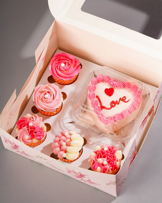 Love in a Box Hamper - Cupcakes and mini heart cake in a floral gift box
