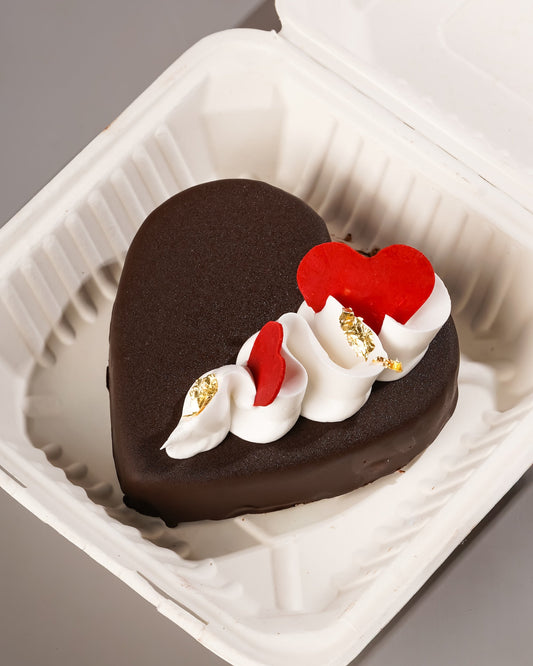 Velvet Chocolate Heart Bento Cake - Dark chocolate heart with white ruffles and gold leaf