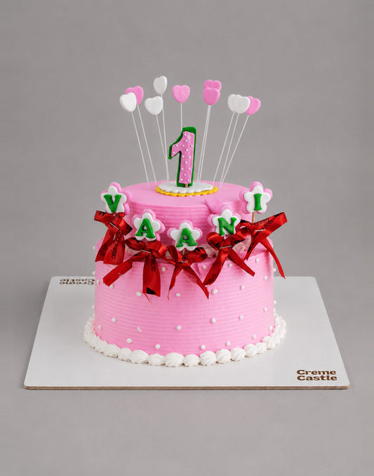 2 Tier Floral Heart Cake for 1st Birthday - Creme Castle