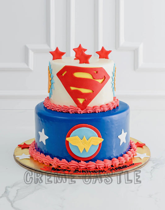 Superman Theme Cake. Wonder Woman Cake by Creme Castle