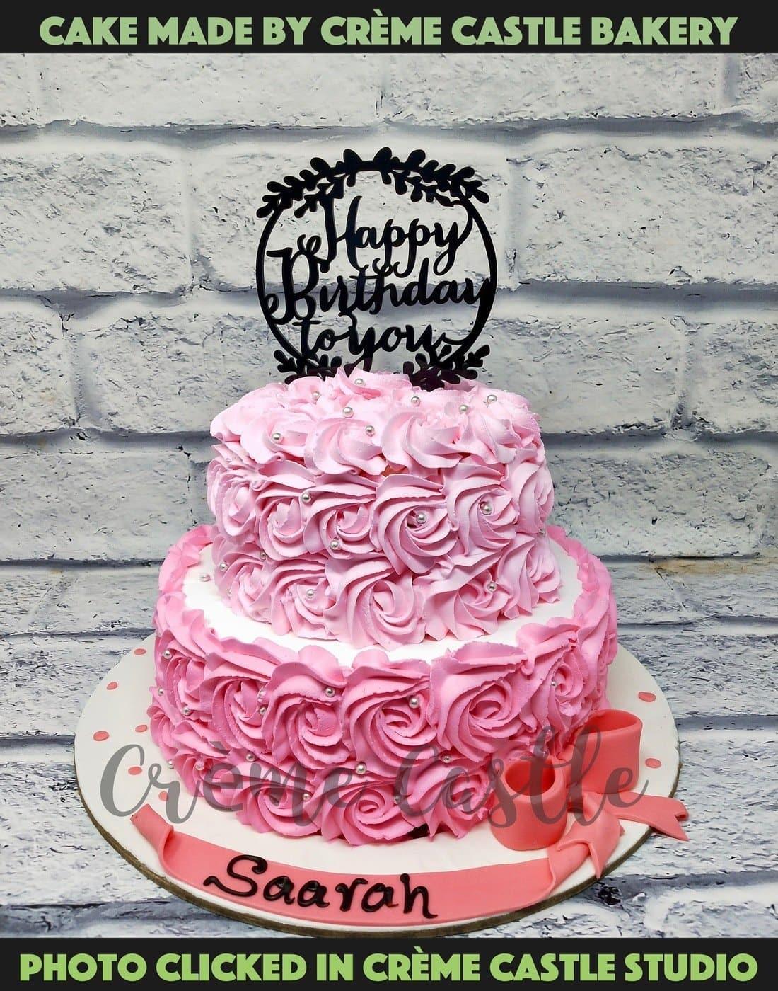 Pink Rose Floral Tier Cake - Creme Castle