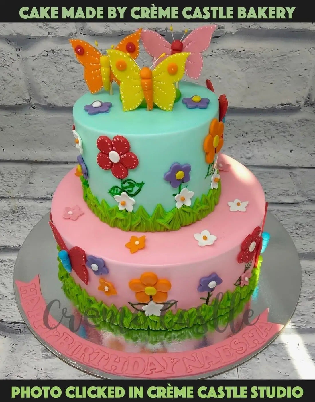 Butterfly And floral Tier Cake - Creme Castle