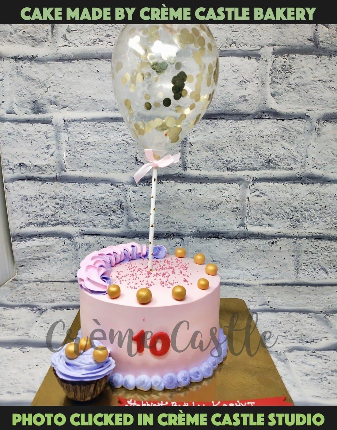 Balloon and Gold Pearls Cake - Creme Castle