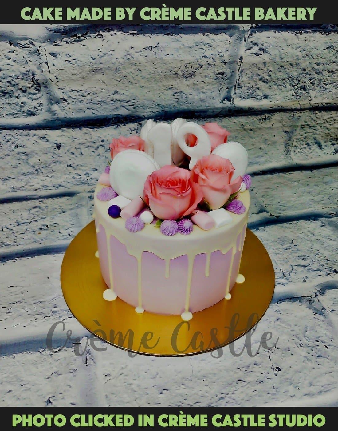 Macaroon Roses Drip Cake - Creme Castle