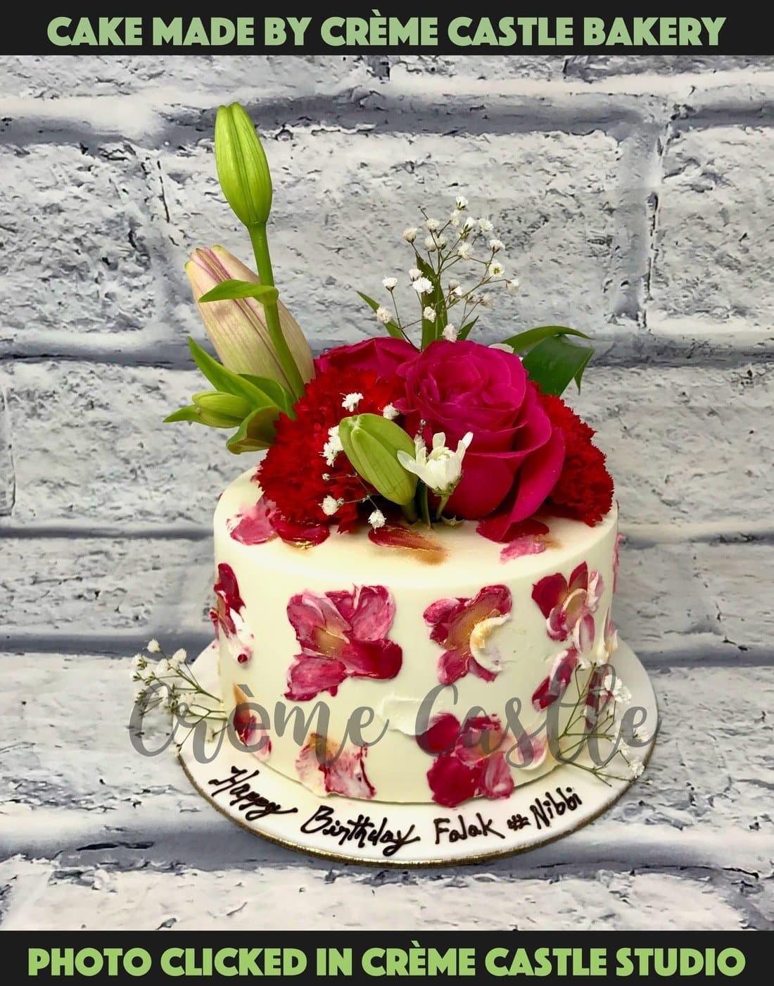 Real Flower Handpainted cake - Creme Castle