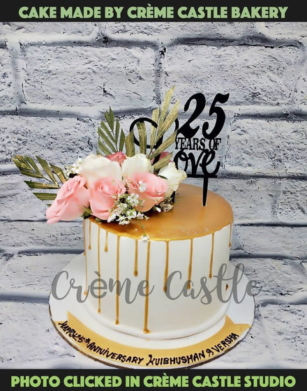 Golden Floral Drip Anniversary Cake - Creme Castle