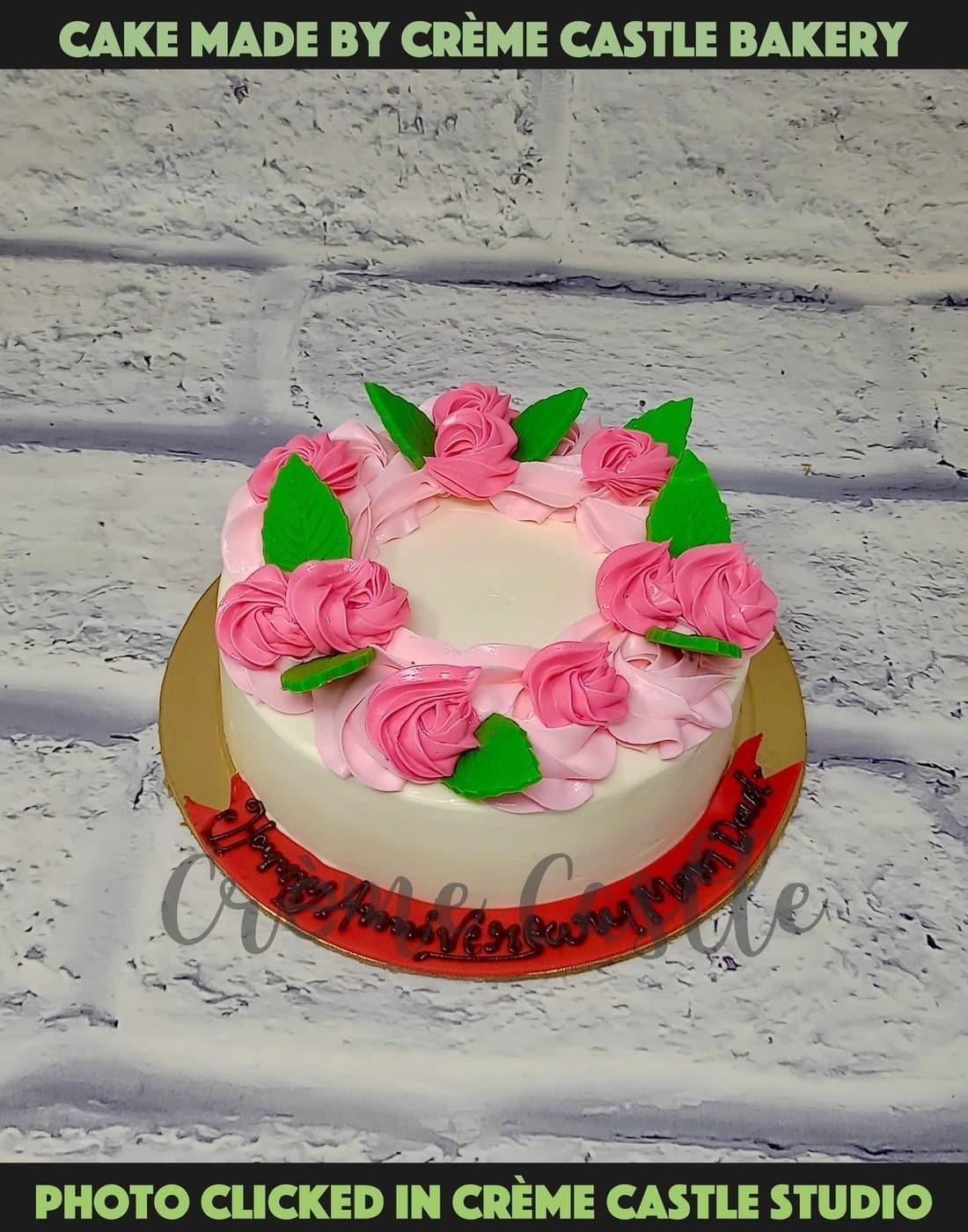 Floral Pink Cream Cake - Creme Castle
