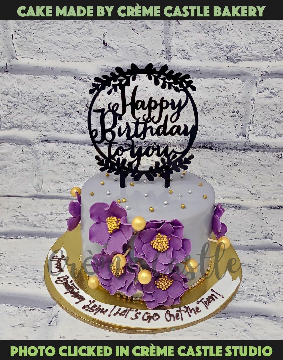 Grey Purple Floral Cake - Creme Castle