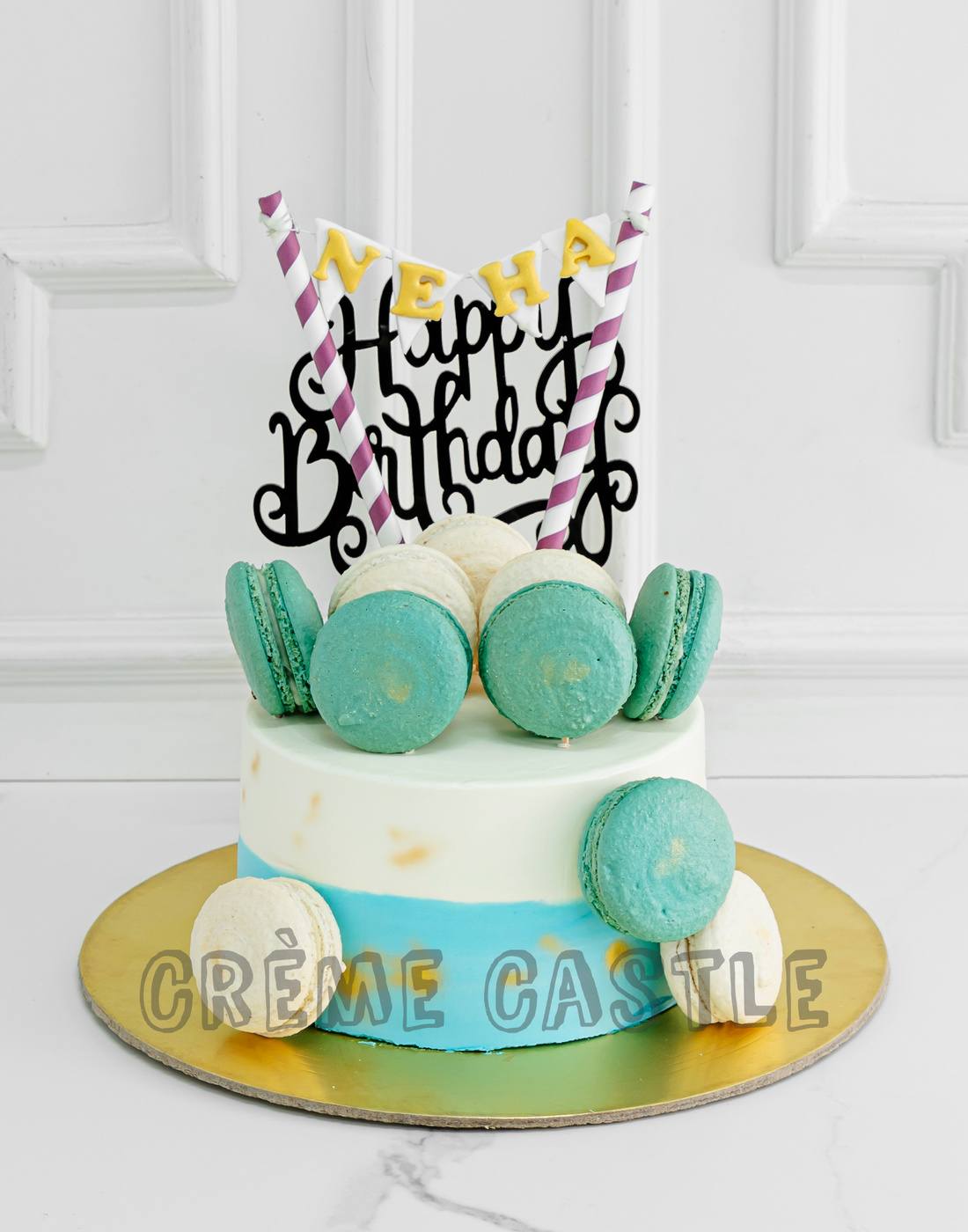 Blue Macaroon Cake - Creme Castle