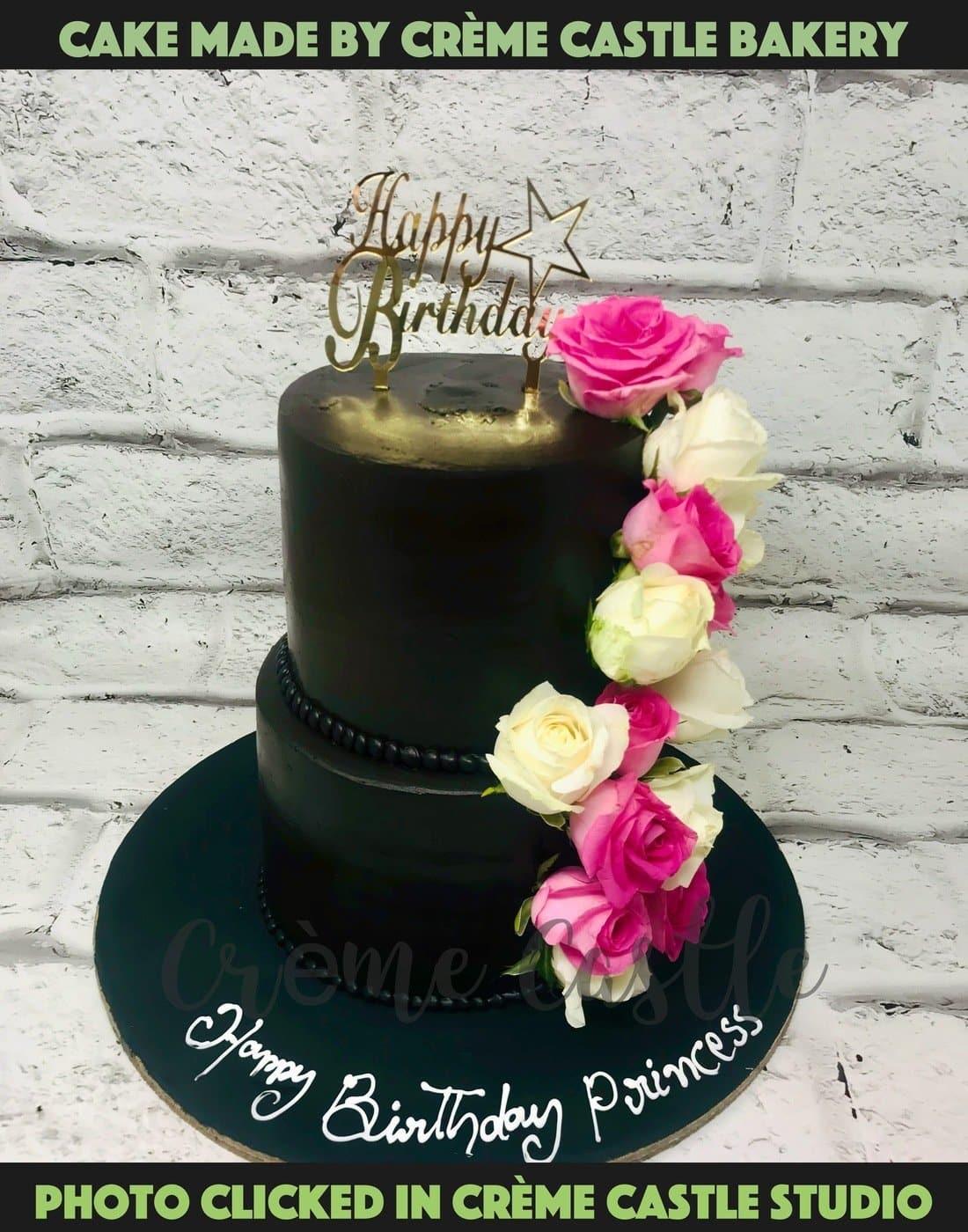 Black Floral Design Cake - Creme Castle