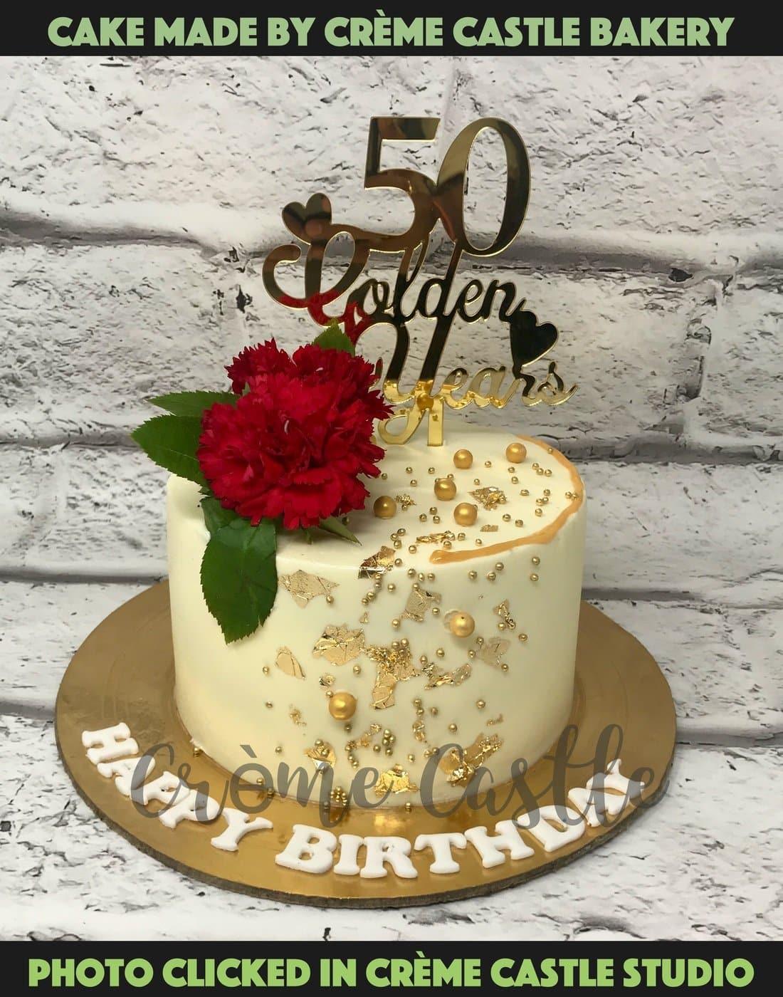 Golden Floral Design Cake - Creme Castle