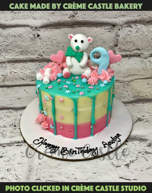 Teddy Pastel Drip Design Cake - Creme Castle