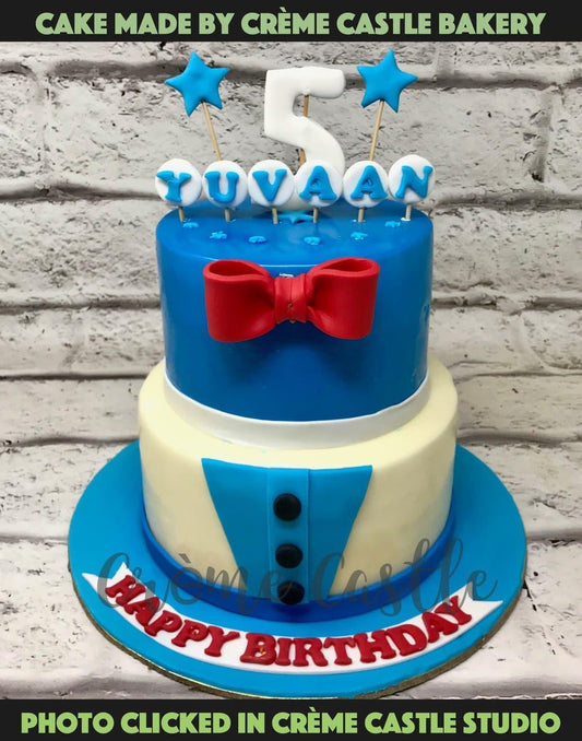 Blue Tuxedo Tier Design Cake - Creme Castle