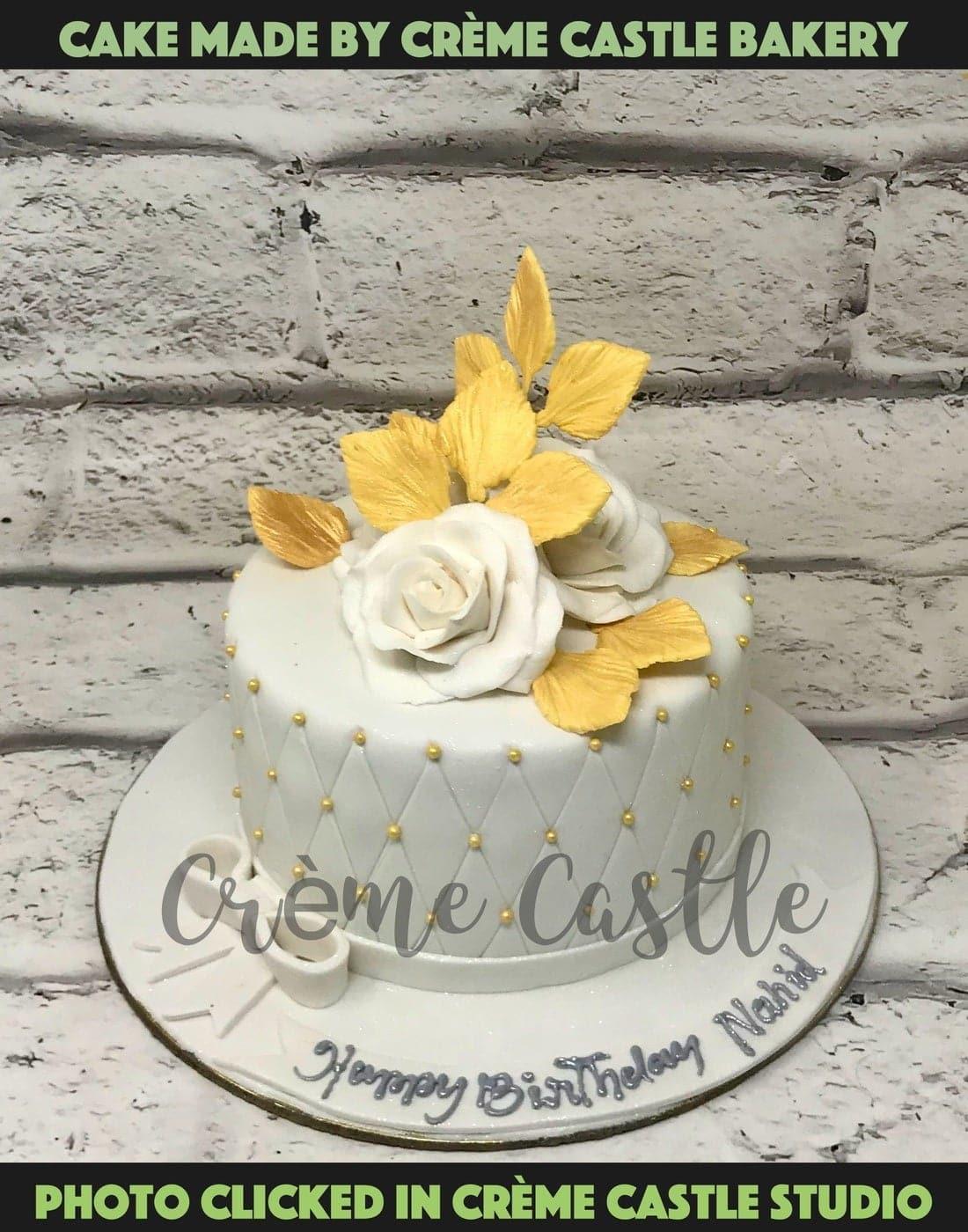 White Rose Gold Design Cake - Creme Castle