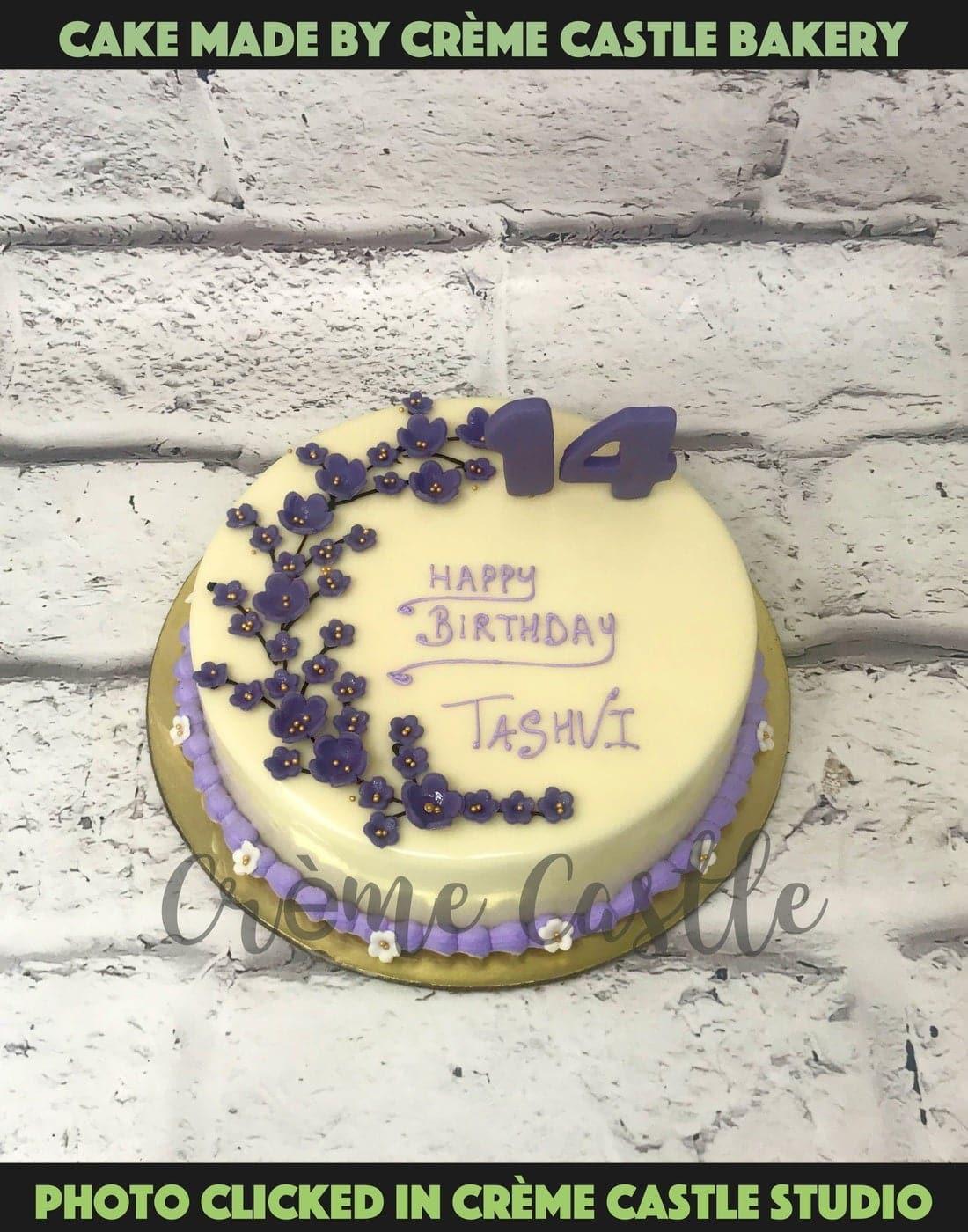 White Purple Blossom Design Cake - Creme Castle