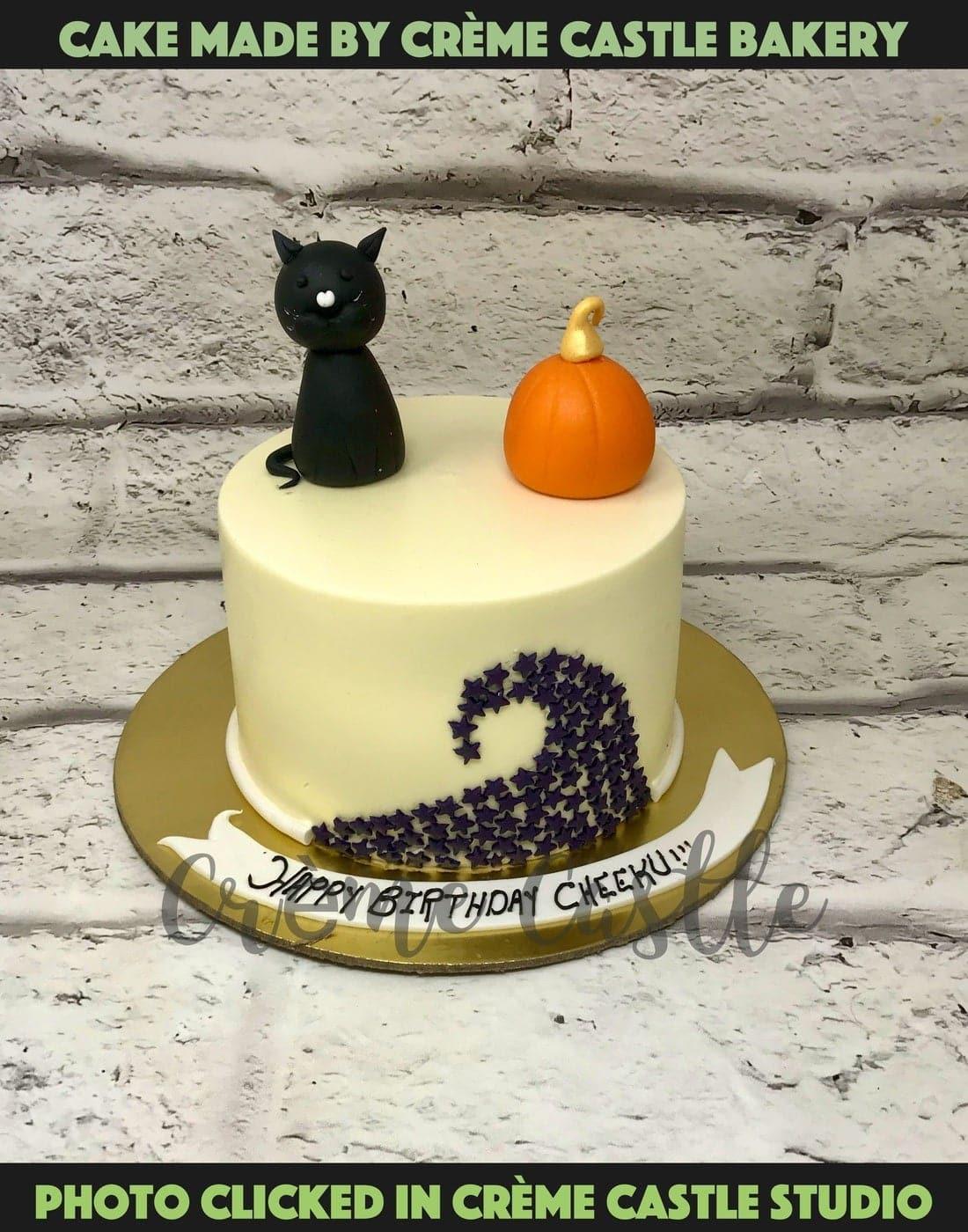 Cat and Pumpkin Design Cake - Creme Castle