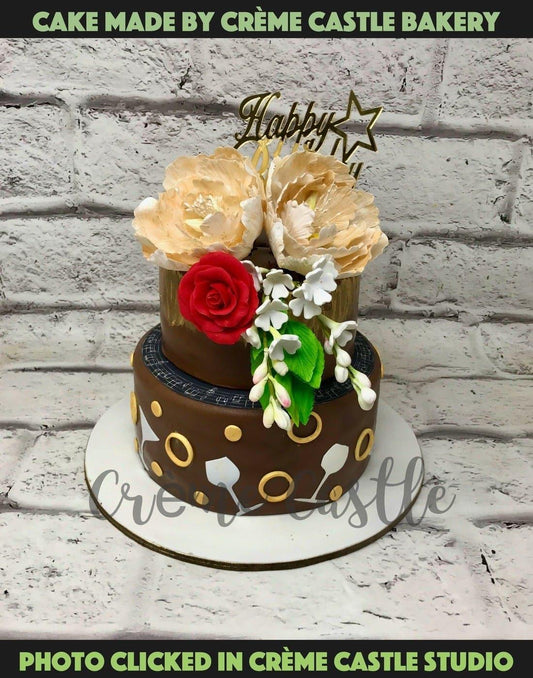 Brown Floral Design Cake - Creme Castle