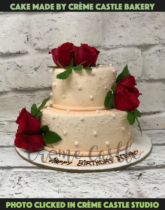 Peach Red Rose Design Cake - Creme Castle