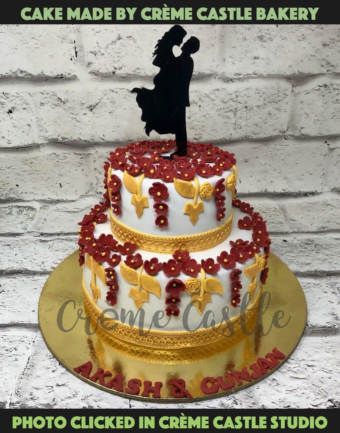 Red Gold Blossom Design Cake - Creme Castle
