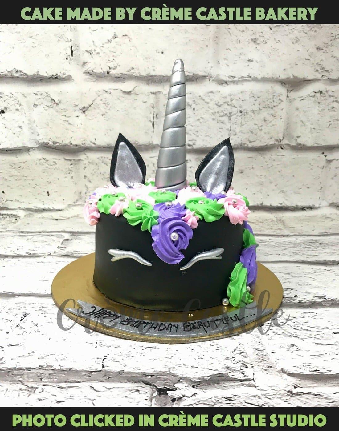 Black Lit Unicorn Design Cake - Creme Castle