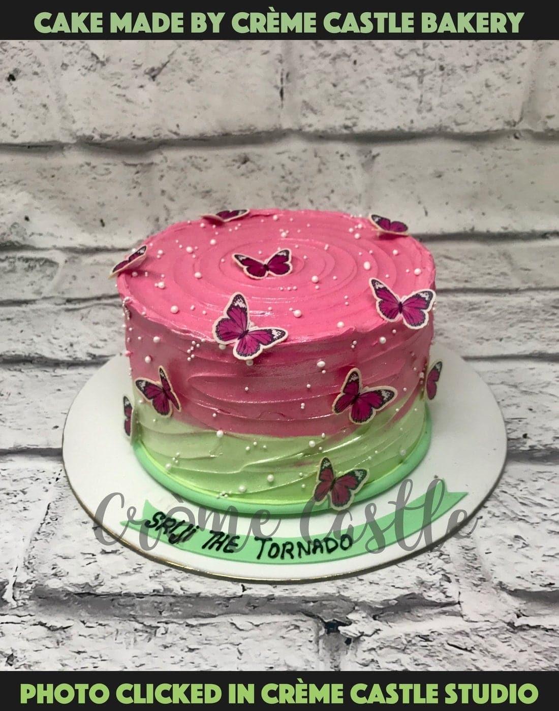 Pink Green Butterfly Design Cake - Creme Castle