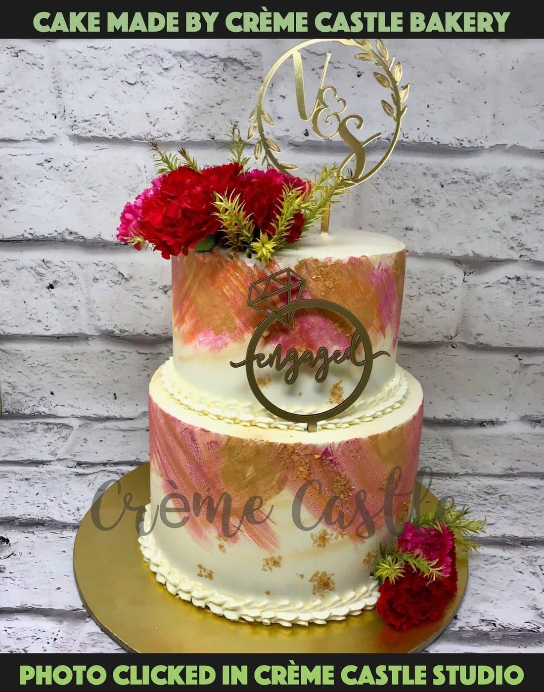 Hand Painted Engagement Design Cake - Creme Castle