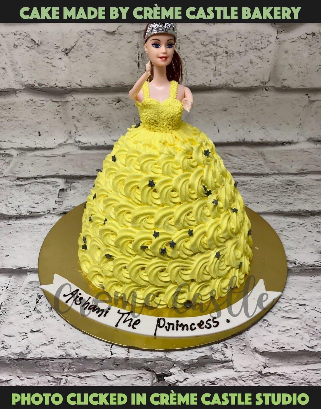 Yellow Floral barbie Design Cake - Creme Castle