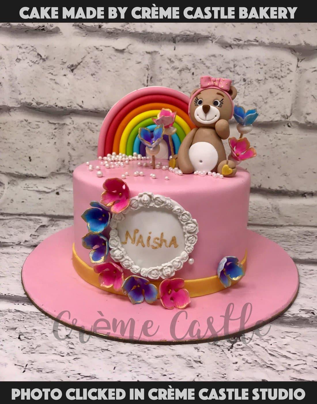 Teddy with Rainbow Cake - Creme Castle