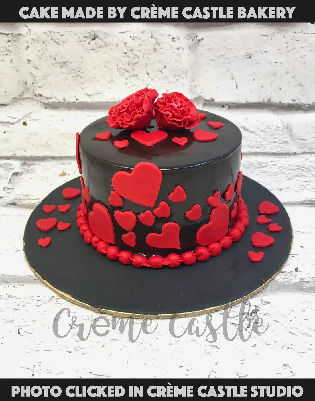 Red Hearts on Black Cake - Creme Castle