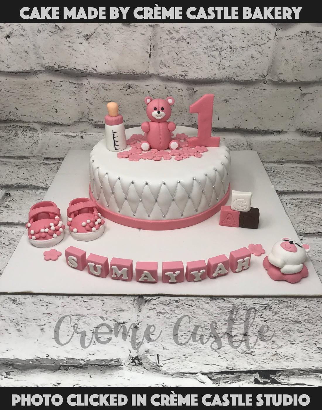 Pink Teddy and flowers Cake - Creme Castle