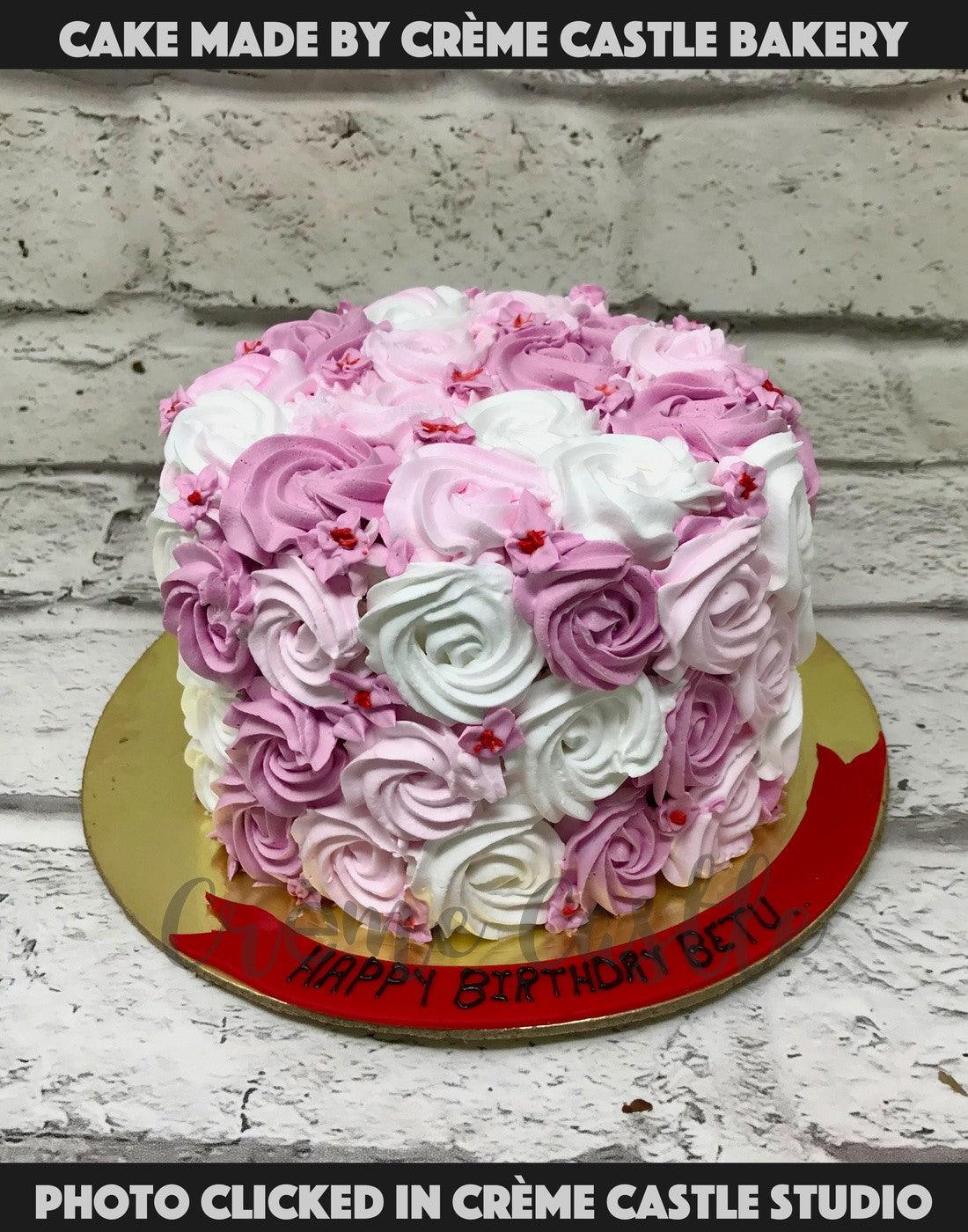 White-Pink Roses Cake - Creme Castle