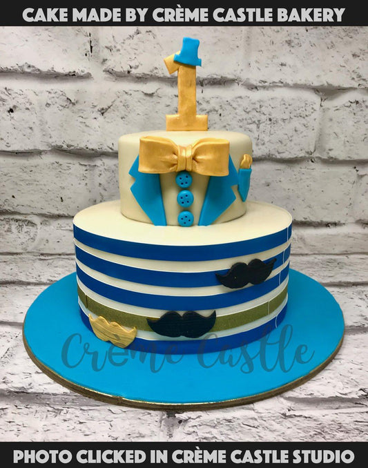 Blue Stripes and Bowtie Cake - Creme Castle