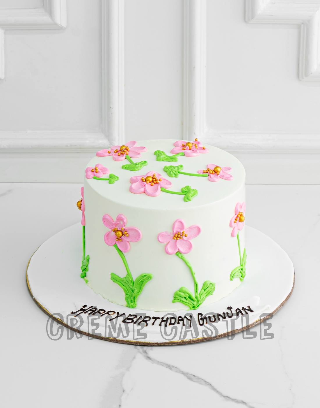 White and Pink Floral Art Cake - Creme Castle