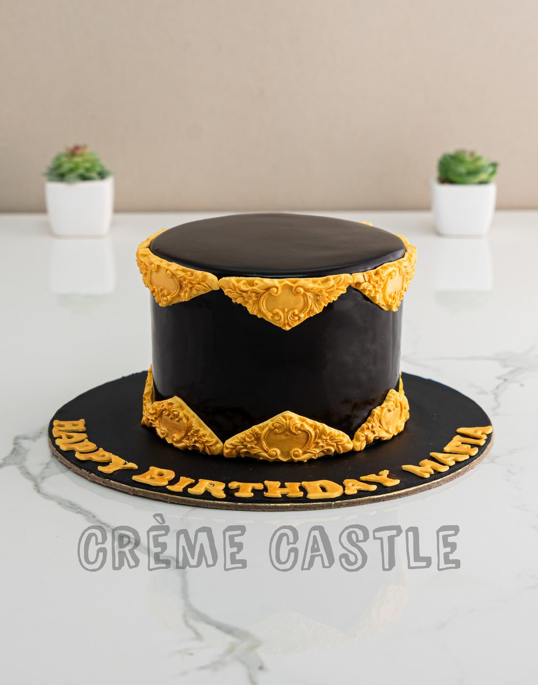 Gold Border Black Cake – Creme Castle