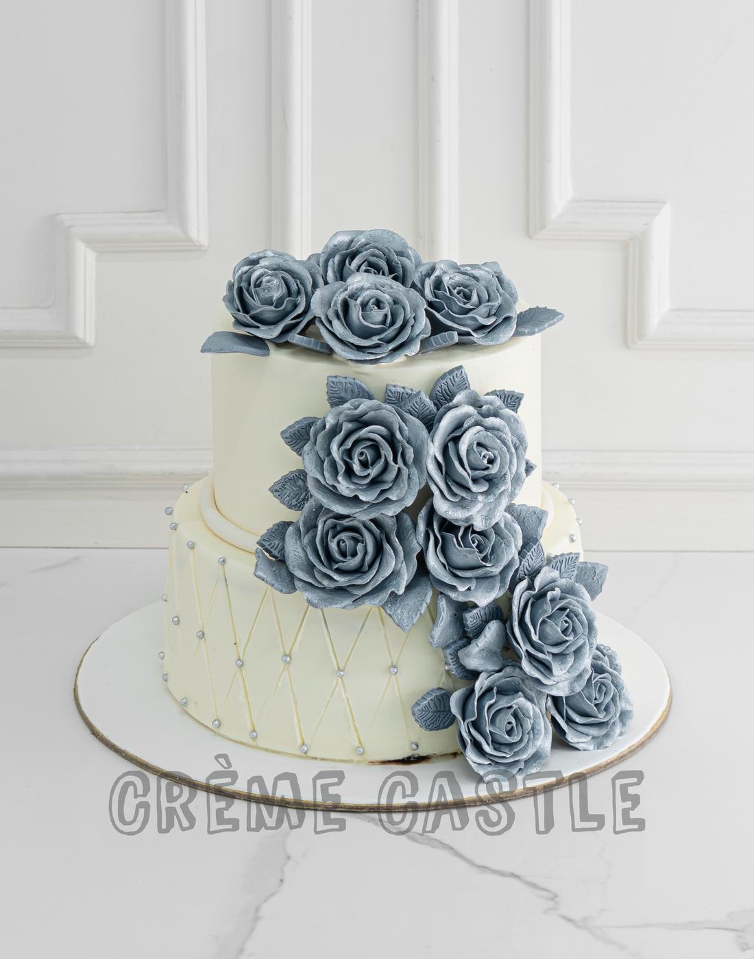 Silver Rose Wedding Cake - Creme Castle