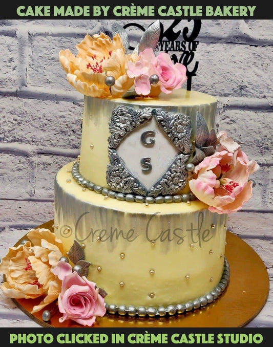 White, Silver And Floral Cake - Creme Castle